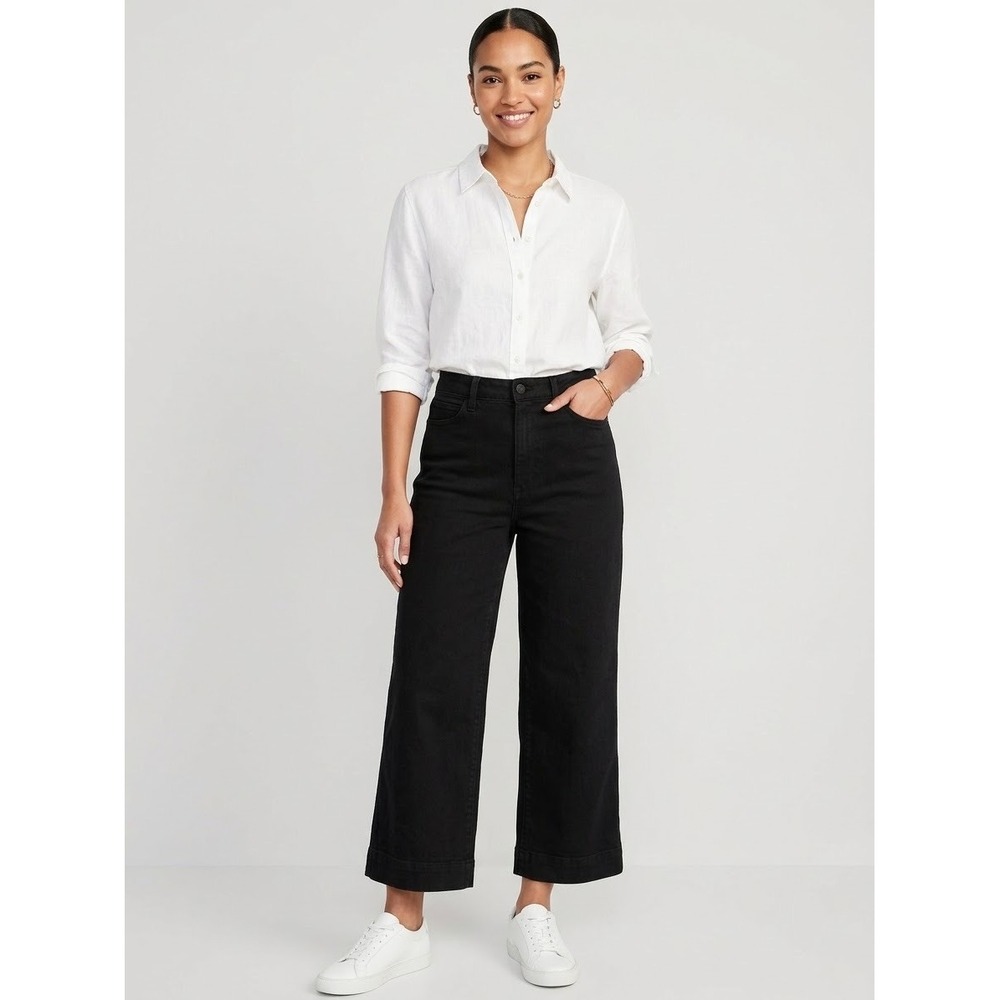 Quince Women Black High Rise Wide Leg Cropped Pants Size 29 Cotton Blend